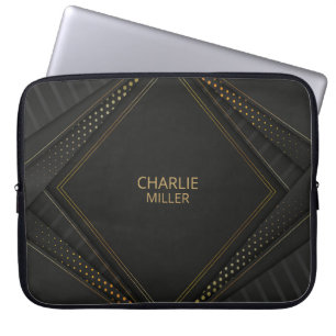Modern Black-Gold Halftone Pattern & Customization Laptop Sleeve