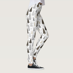 Modern Black Gold Hand Drawn Pine Trees Leggings