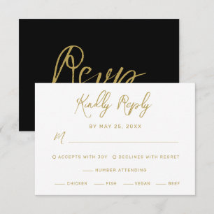 Modern Black Gold Hand Lettered Meals Wedding RSVP Card