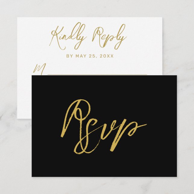 Modern Black Gold Hand Lettered Script Wedding RSVP Card (Front/Back)