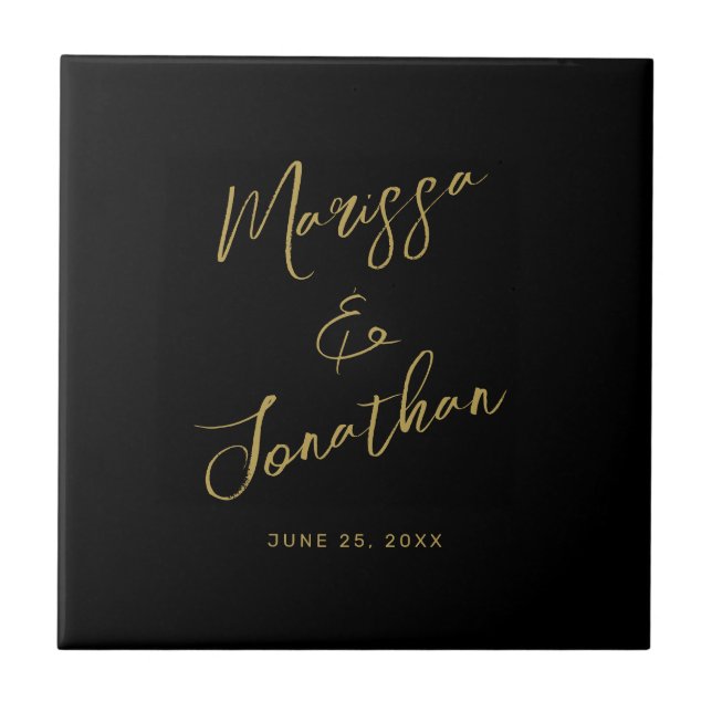Modern Black Gold Hand Lettered Script Wedding Tile (Front)
