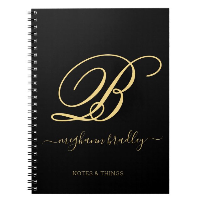Modern Black Gold Handwritten Name Notebook (Front)