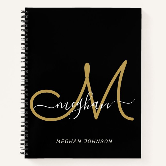 Modern Black Gold Handwritten Script Monogram Notebook (Front)