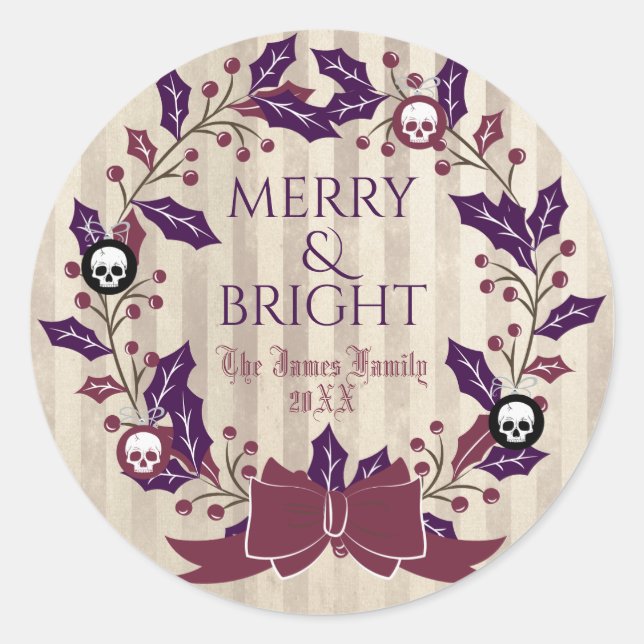 Modern Black & Gold Holiday Wreath Classic Round Sticker (Front)