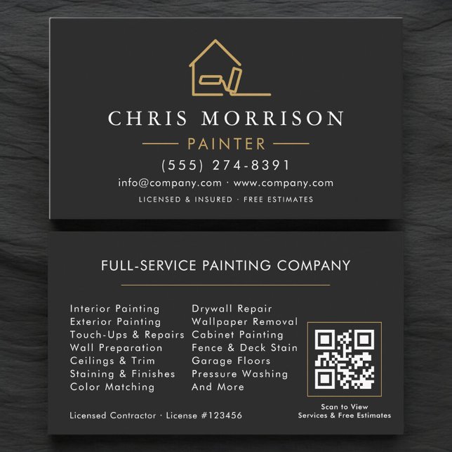 Modern Black Gold House Painter QR Code Business Card (Creator Uploaded)