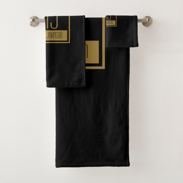 Modern Black & Gold Initial Monogram  Bath Towel Set (Insitu)