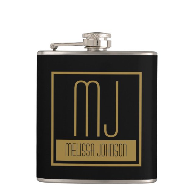 Modern Black & Gold Initial Monogram Hip Flask (Front)
