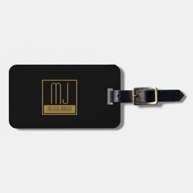 Modern Black & Gold Initial Monogram  Luggage Tag (Front Horizontal)