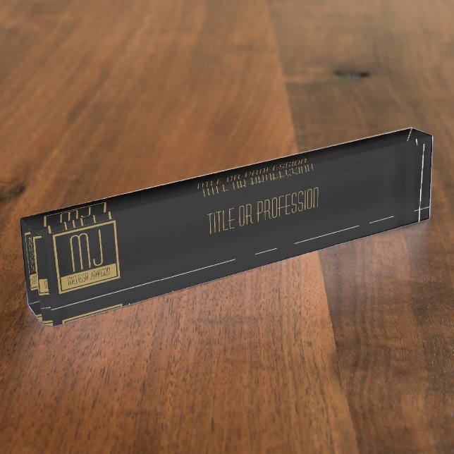 Modern Black & Gold Initial Monogram Nameplate (Side)