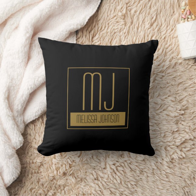 Modern Black & Gold Initial Monogram  Throw Pillow (Blanket)