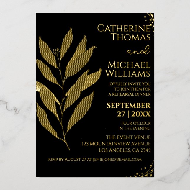 Modern Black Gold Leaf Wedding Rehearsal Dinner (Front)