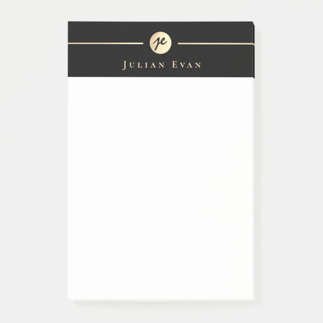 Modern Black Gold Luxe Handwriting Monogram Post-it Notes (Front)