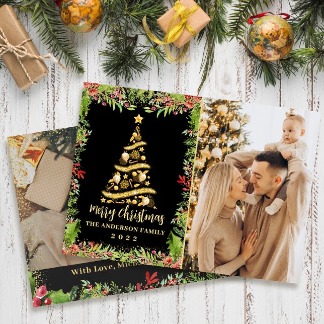 Modern Black Gold Magical Christmas Tree 2 Photo  Holiday Card (Creator Uploaded)