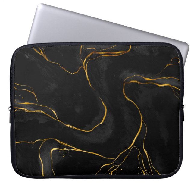 Modern Black-Gold Marble Background Laptop Sleeve (Front)