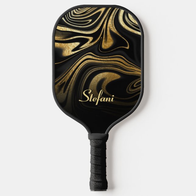 Modern Black Gold Marble Glitter Pickleball Paddle (Front)