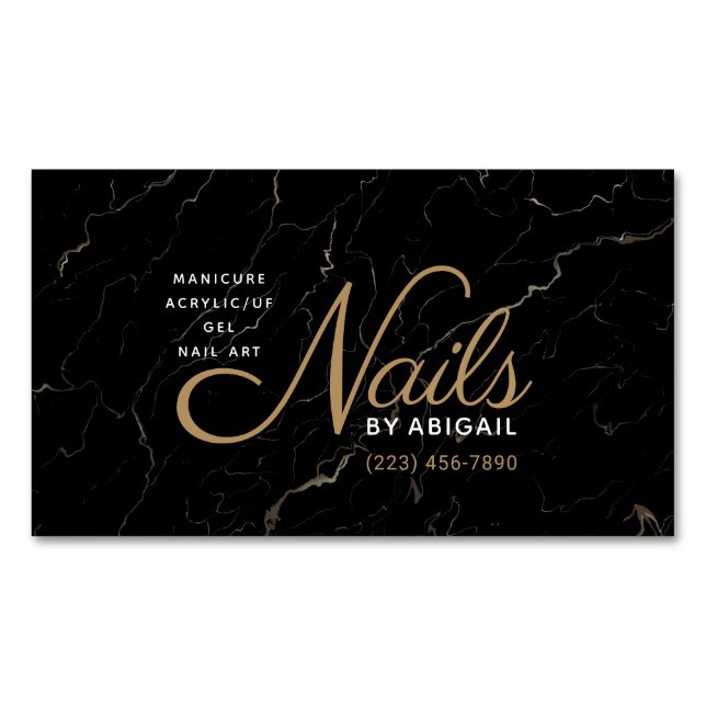 Modern Black & Gold Marble Nails By "Name" Busines Magnetic Business Card (Front)
