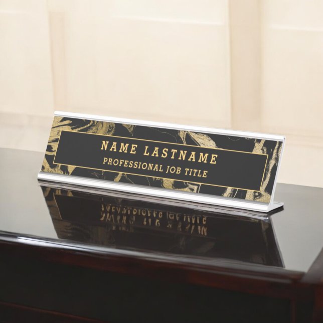 Modern Black Gold Marble Stone Custom Minimalist Desk Name Plate (Creator Uploaded)