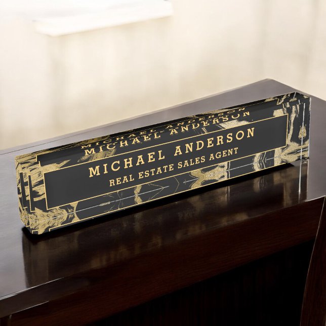 Modern Black Gold Marble Stone Custom Minimalist Nameplate (Creator Uploaded)