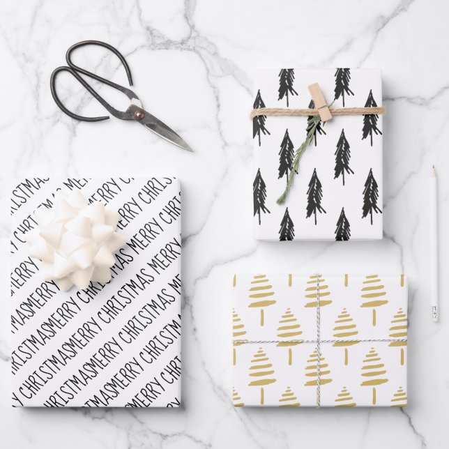 Modern Black & Gold Merry Christmas Trees Wrapping Paper Sheet (Front)
