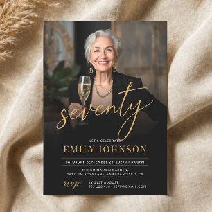 Modern Black Gold Minimal Photo 70th Birthday  Invitation