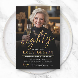 Modern Black Gold Minimal Photo 80th Birthday  Invitation