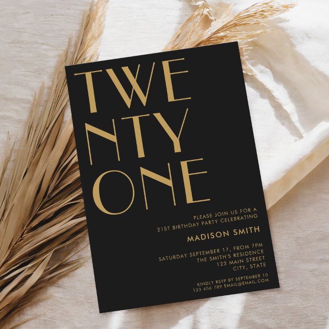 Modern Black Gold Minimalist Chic 21st Birthday Invitation (Creator Uploaded)
