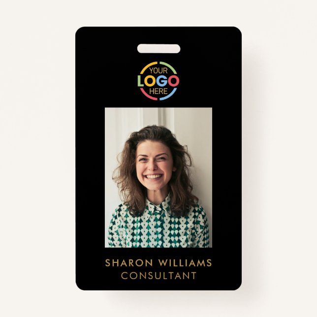 Modern Black Gold Minimalist Employee Photo ID Badge (Front)