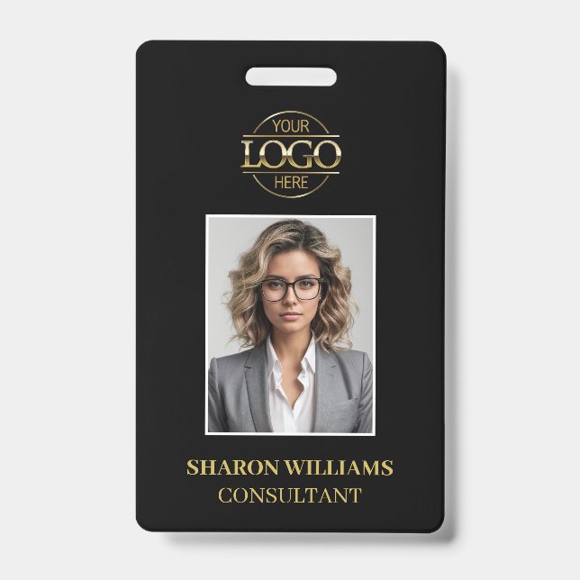 Modern Black Gold Minimalist Employee Photo ID Badge (Front)