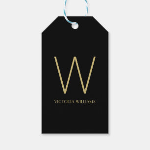 Modern black gold minimalist monogram name gift tags