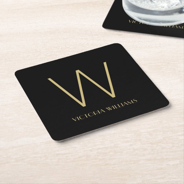 Modern black gold minimalist monogram name square paper coaster (Angled)
