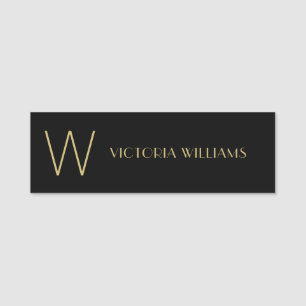 Modern black gold minimalist monogram name tag