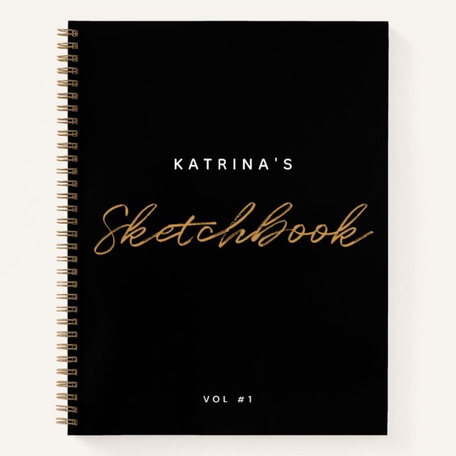 Modern Black Gold Minimalist Script Sketchbook Notebook (Front)