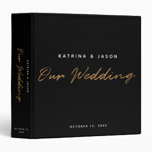 Modern Black Gold Minimalist Script Wedding Album Binder