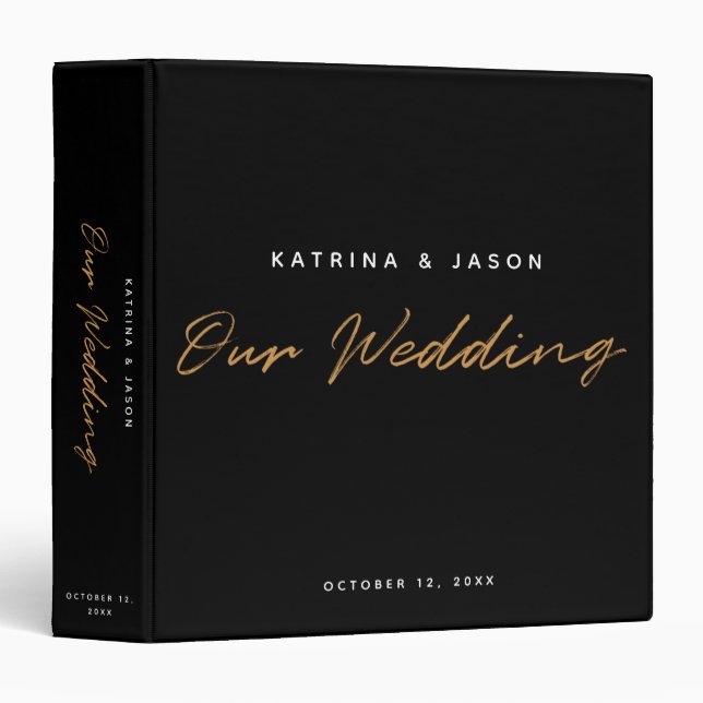 Modern Black Gold Minimalist Script Wedding Album Binder (Front/Spine)