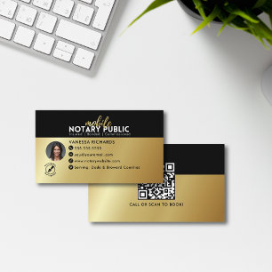 Modern Black Gold Mobile Notary Public QR Code Business Card