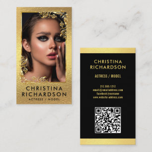 Modern Black Gold Model Actress QR Code Photo  Business Card