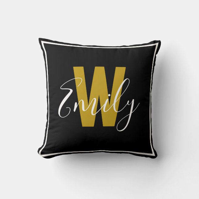 Modern Black Gold Monogram Border Throw Pillow (Front)