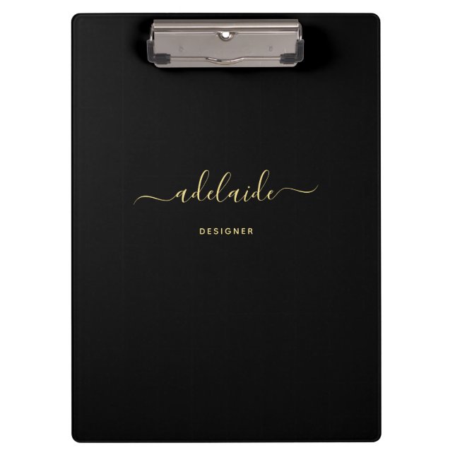 Modern Black Gold Monogram Chic Girly Script Name Clipboard (Front)