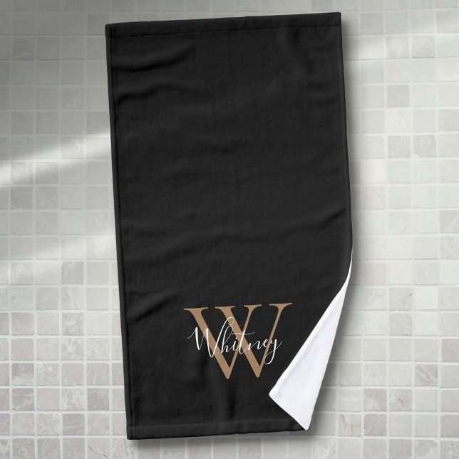 Modern Black Gold Monogram Elegant Script Name Hand Towel (Modern Black Gold Monogram Elegant Script Name Hand Towel)