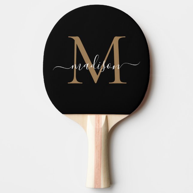 Modern Black Gold Monogram Elegant Script Name Ping Pong Paddle (Front)