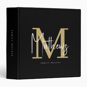 Modern Black Gold Monogram Family Name Recipe Binder