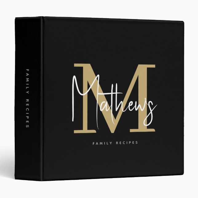 Modern Black Gold Monogram Family Name Recipe Binder (Front/Spine)