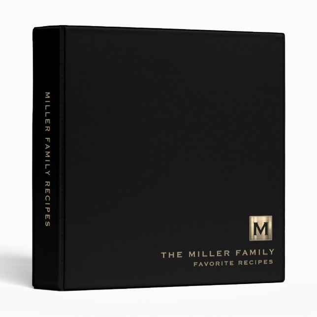 Modern Black Gold Monogram Family Recipes Binder (Front/Spine)