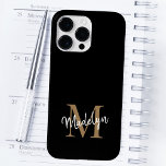 Modern Black Gold Monogram Feminine Script Name Case-Mate iPhone 14 Pro Max Case<br><div class="desc">Modern Black Gold Monogram Feminine Script Name iPhone Case. Easily personalize this modern elegant iphone case with your custom monogram and name.</div>