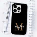 Modern Black Gold Monogram Feminine Script Name Case-Mate iPhone 14 Pro Case<br><div class="desc">Modern Black Gold Monogram Feminine Script Name iPhone Case. Easily personalize this modern elegant iphone case with your custom monogram and name.</div>