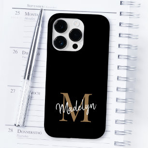 Modern Black Gold Monogram Feminine Script Name Case-Mate iPhone 14 Pro Case