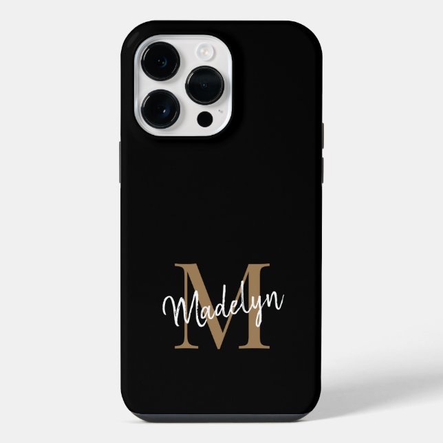 Modern Black Gold Monogram Feminine Script Name iPhone Case (Back)