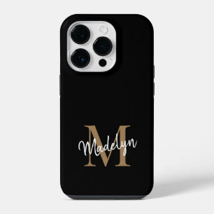 Modern Black Gold Monogram Feminine Script Name iPhone 14 Pro Case