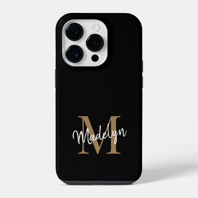 Modern Black Gold Monogram Feminine Script Name iPhone Case (Back)