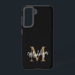 Modern Black Gold Monogram Feminine Script Name Samsung Galaxy Case<br><div class="desc">Modern Black Gold Monogram Feminine Script Name Phone Case. Easily personalize this modern elegant phone case with your custom monogram and name.</div>